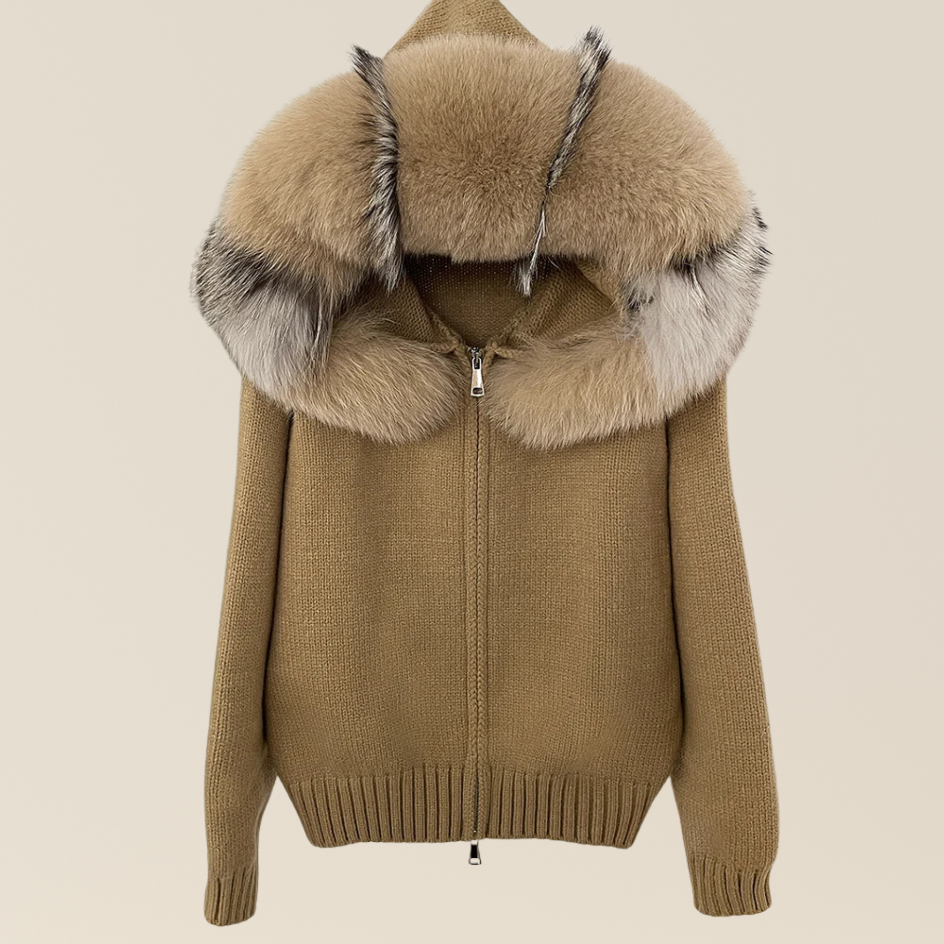 Natural Fox Fur Collar Hood Jacket