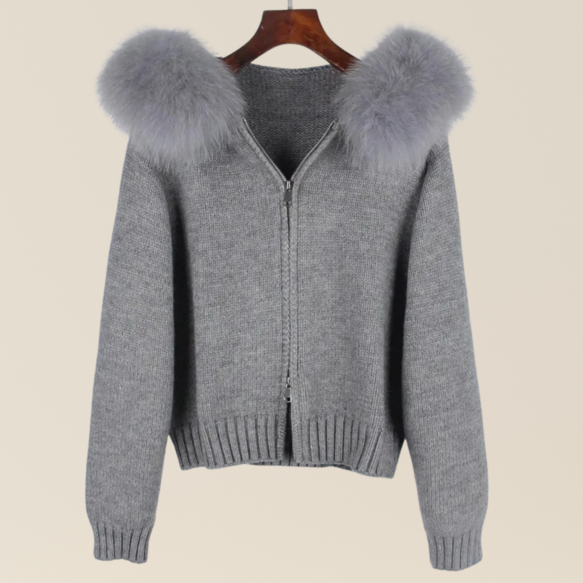 Natural Fox Fur Collar Hood Jacket