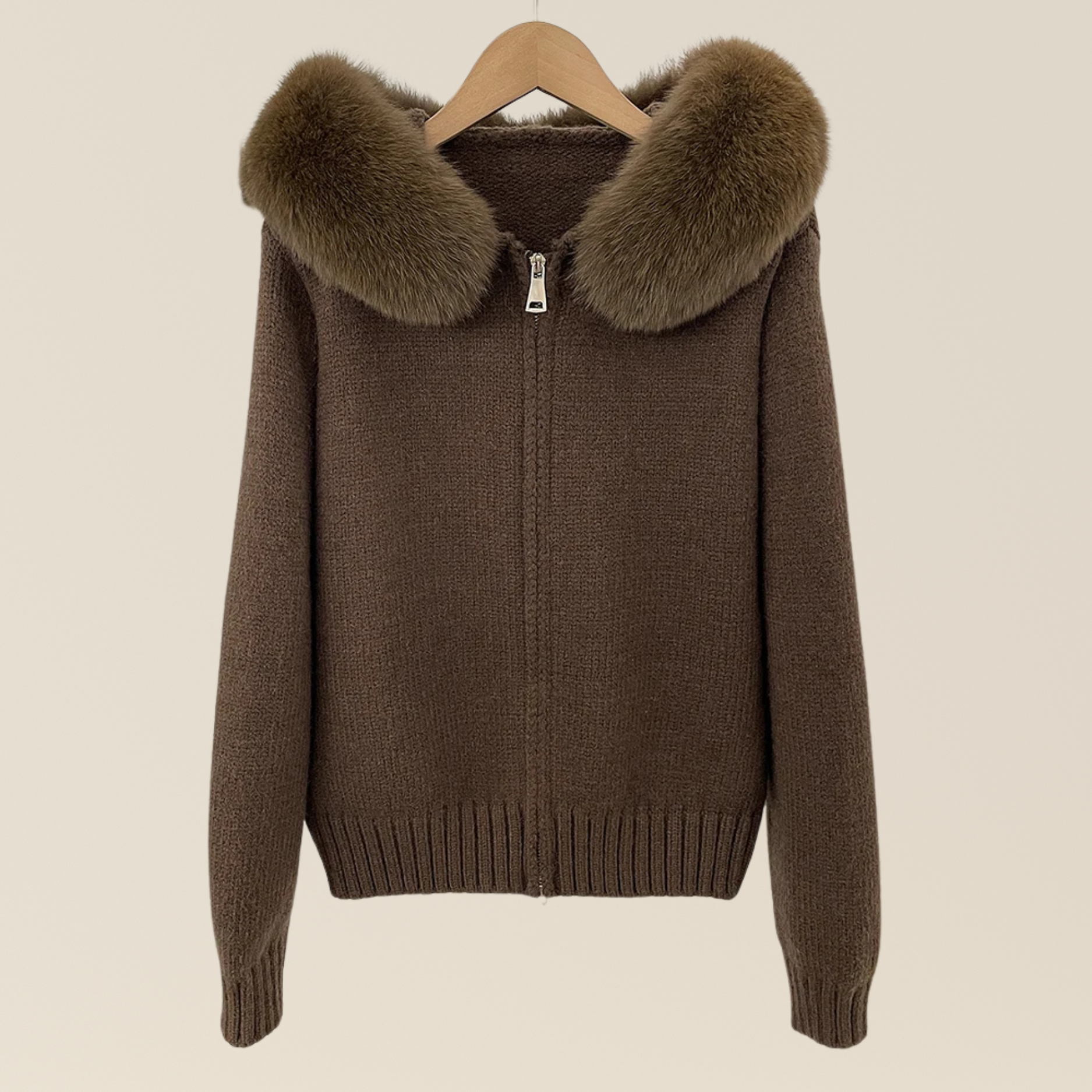Natural Fox Fur Collar Hood Jacket