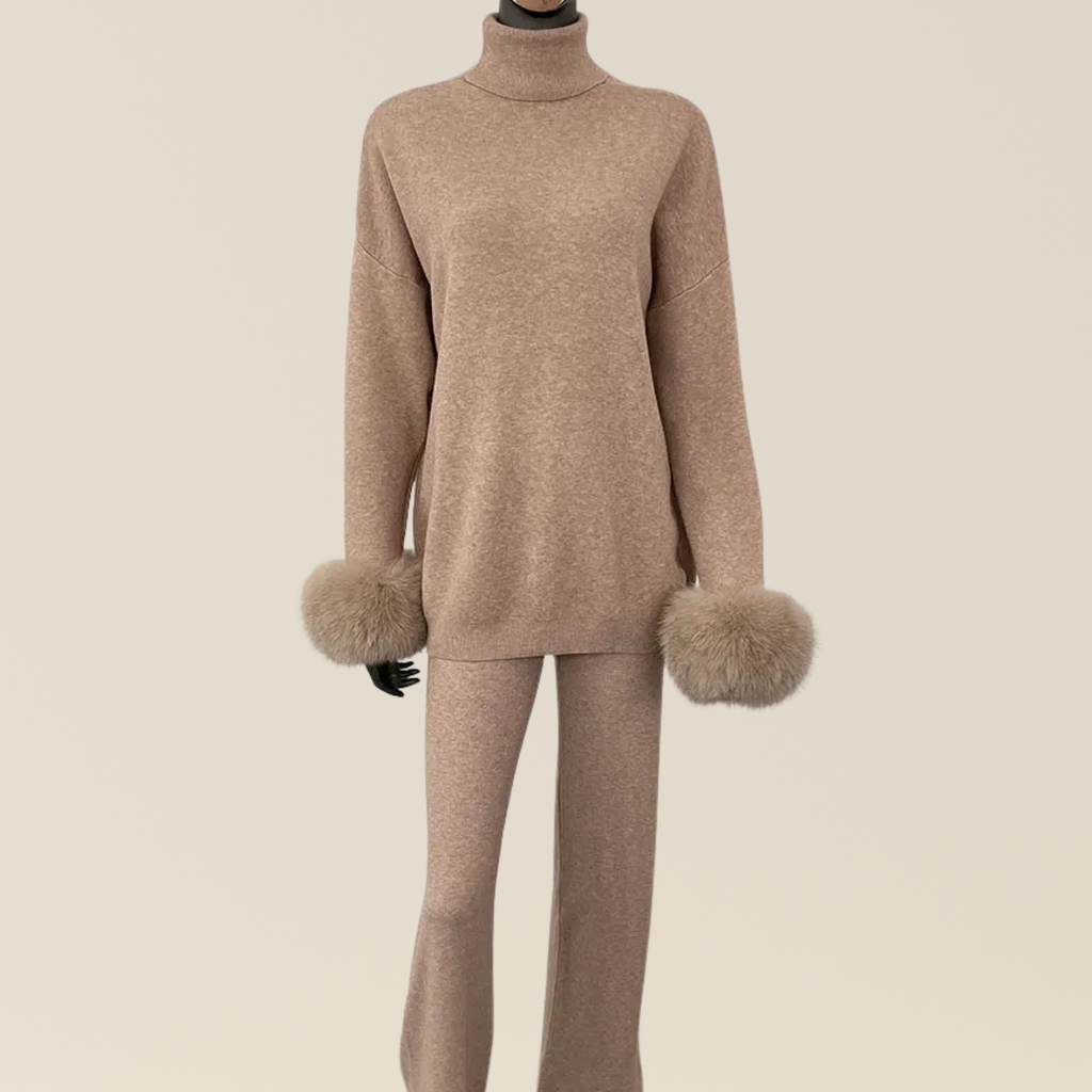 Natural Fox Fur Cuff Sweater & Pants Set