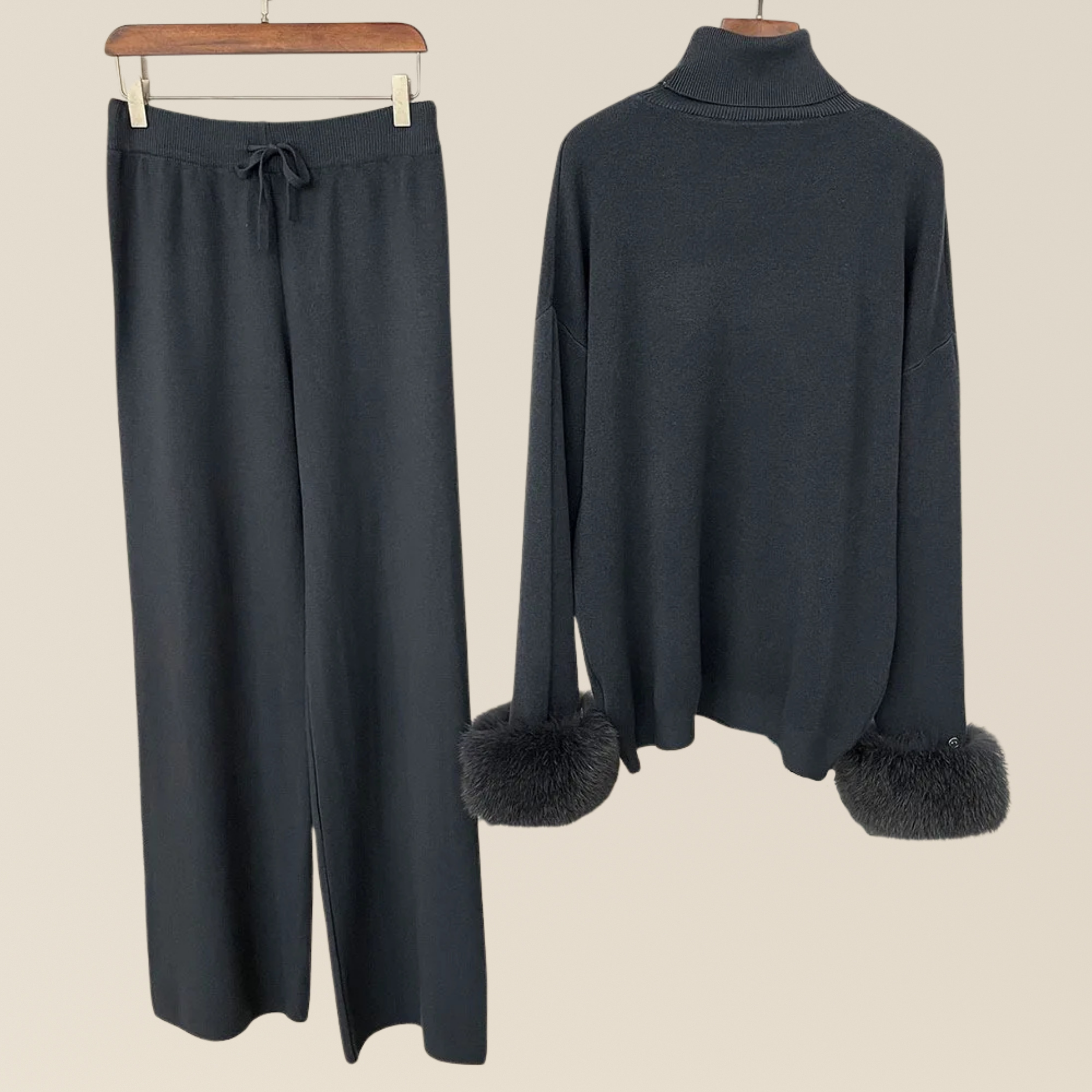 Natural Fox Fur Cuff Sweater & Pants Set