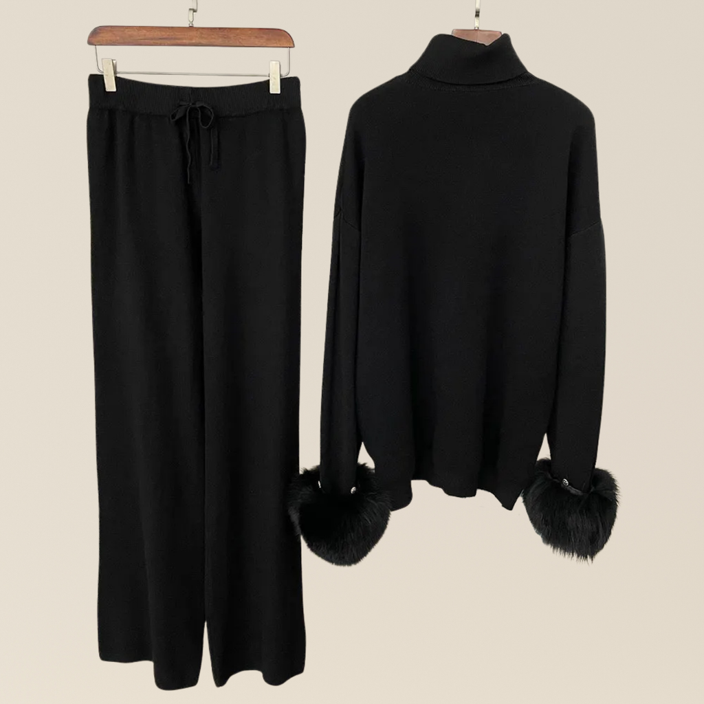 Natural Fox Fur Cuff Sweater & Pants Set