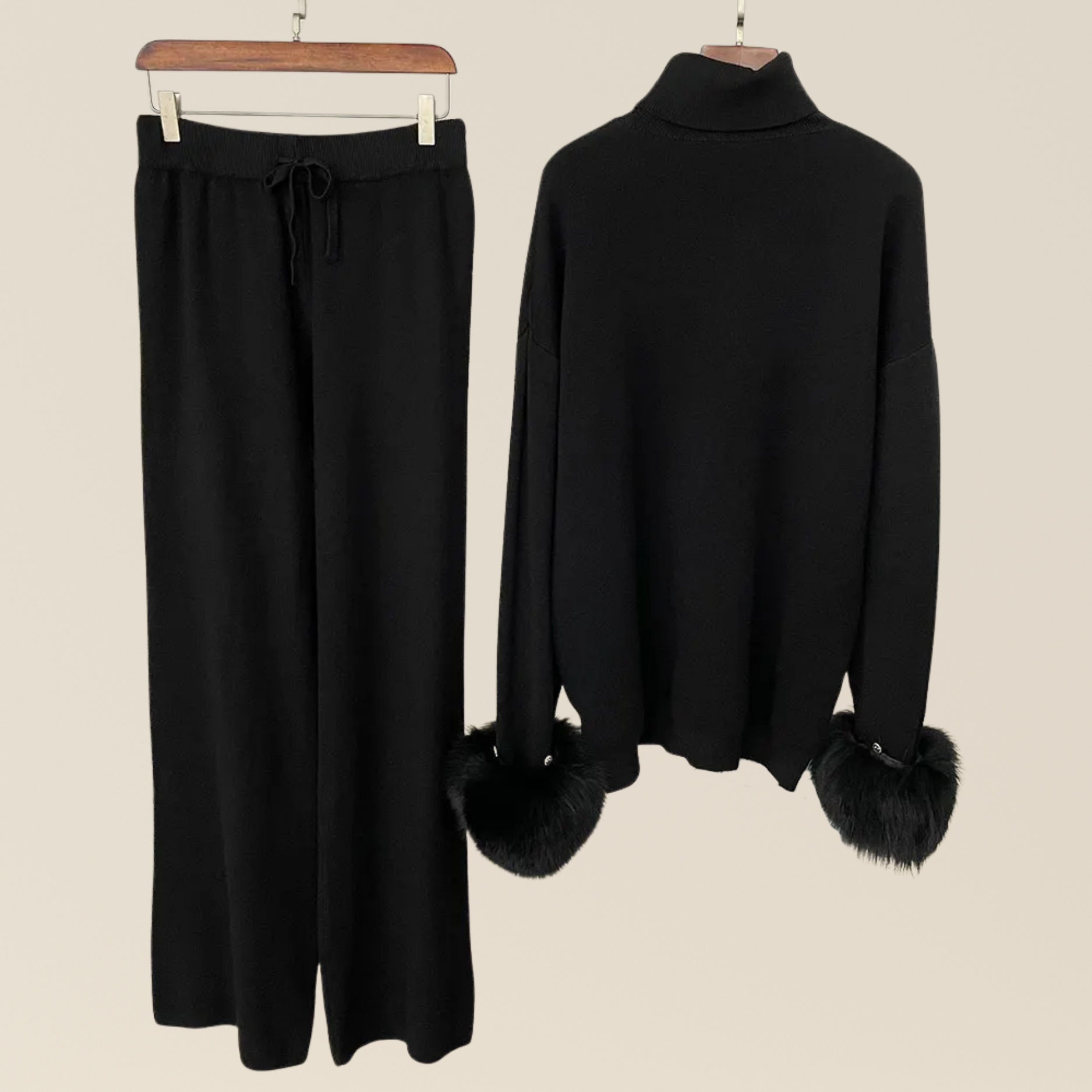 Natural Fox Fur Cuff Sweater & Pants Set