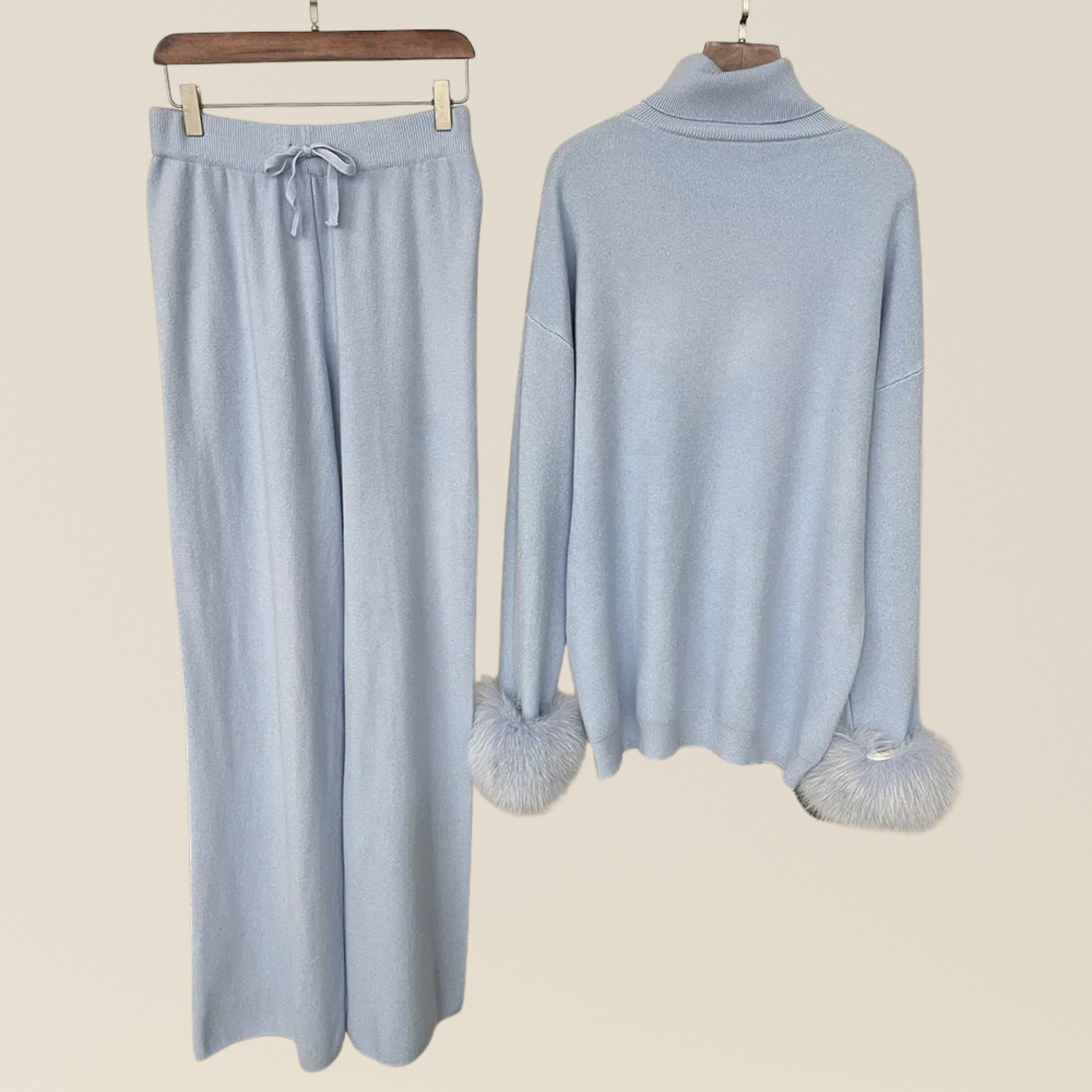 Natural Fox Fur Cuff Sweater & Pants Set
