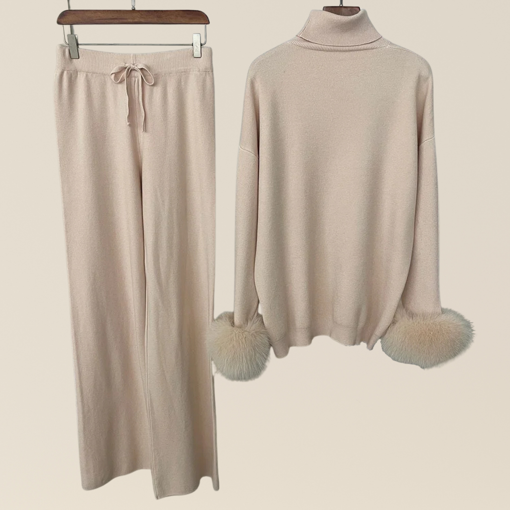 Natural Fox Fur Cuff Sweater & Pants Set