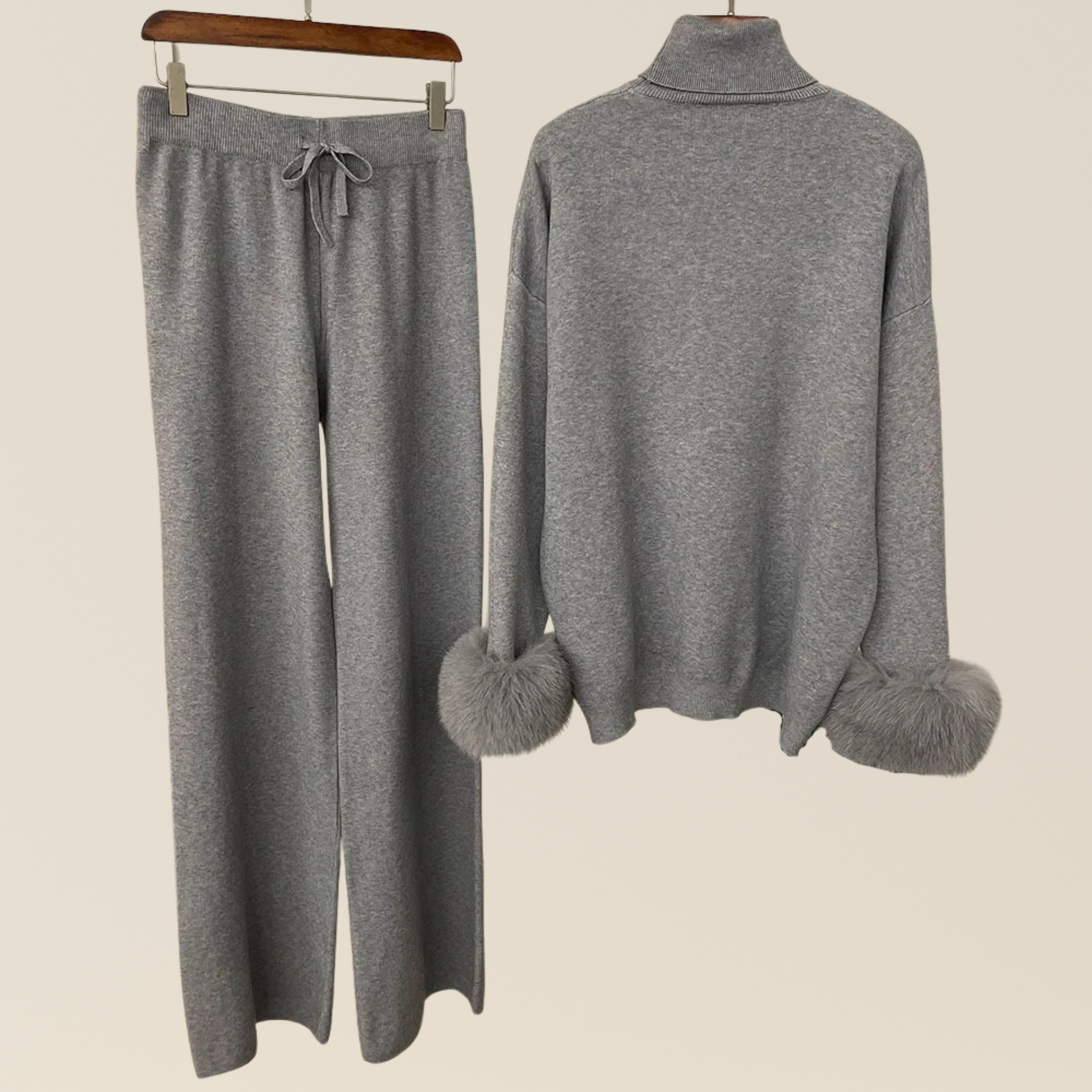 Natural Fox Fur Cuff Sweater & Pants Set