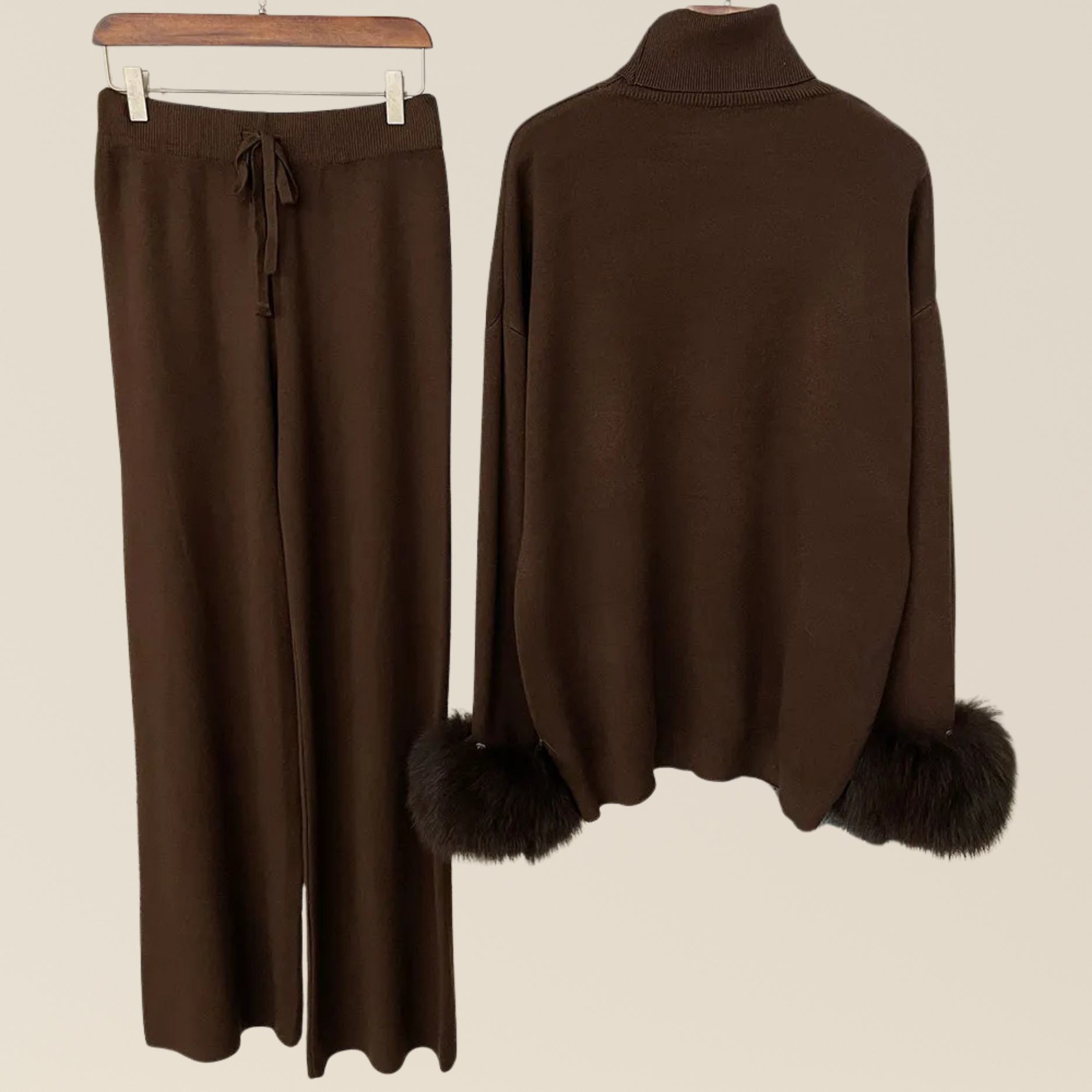 Natural Fox Fur Cuff Sweater & Pants Set