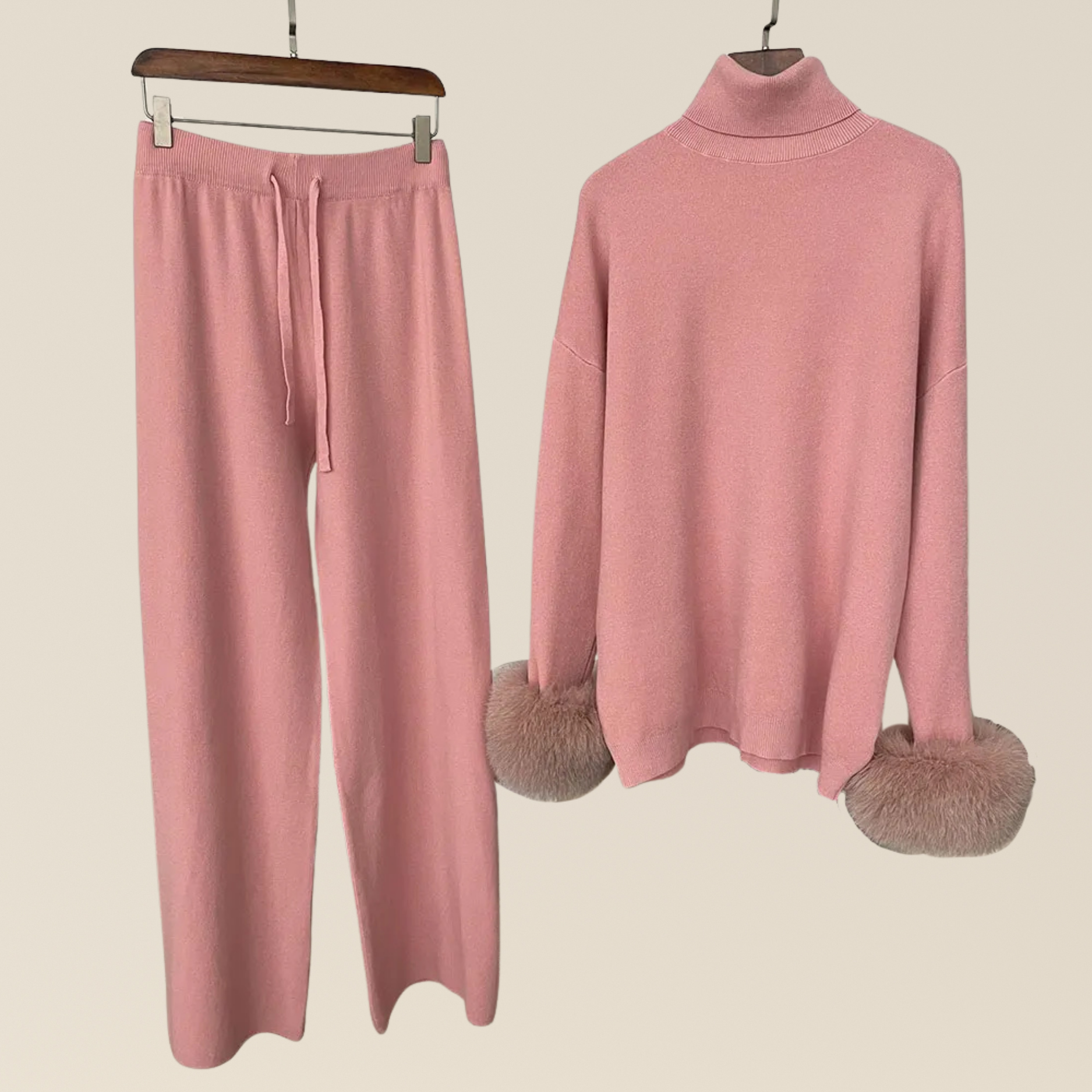 Natural Fox Fur Cuff Sweater & Pants Set