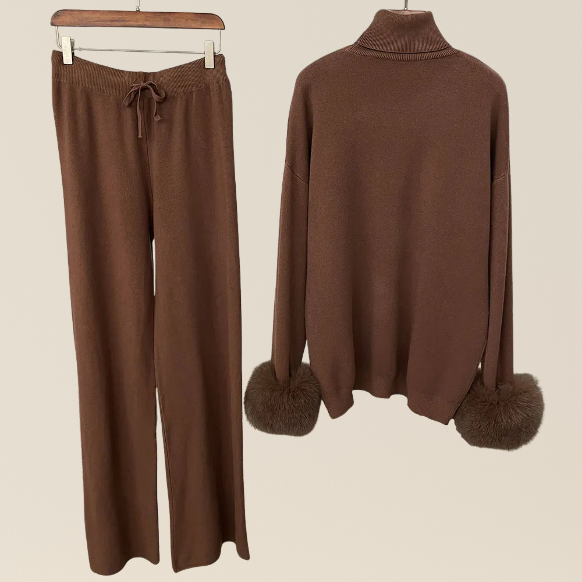 Natural Fox Fur Cuff Sweater & Pants Set