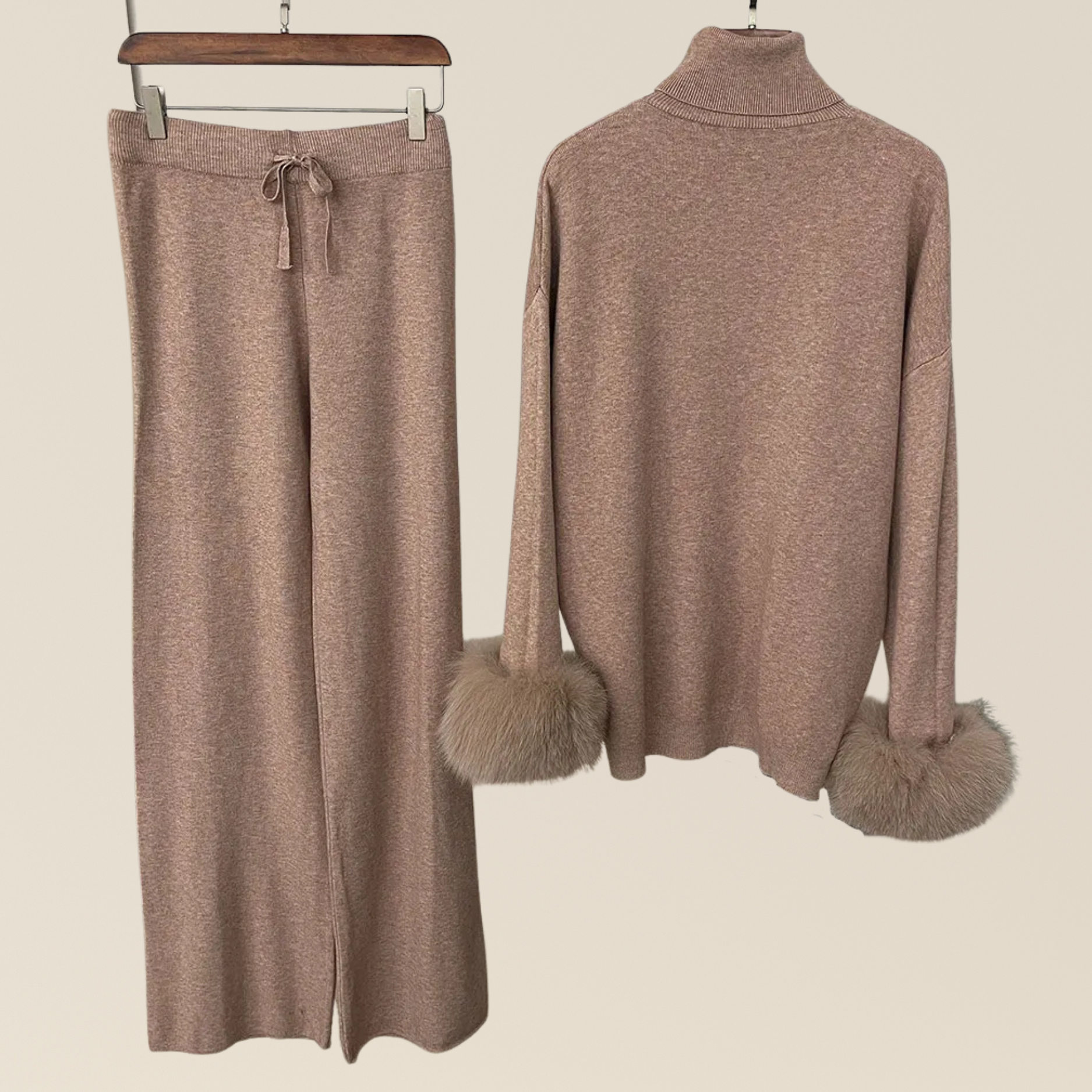 Natural Fox Fur Cuff Sweater & Pants Set