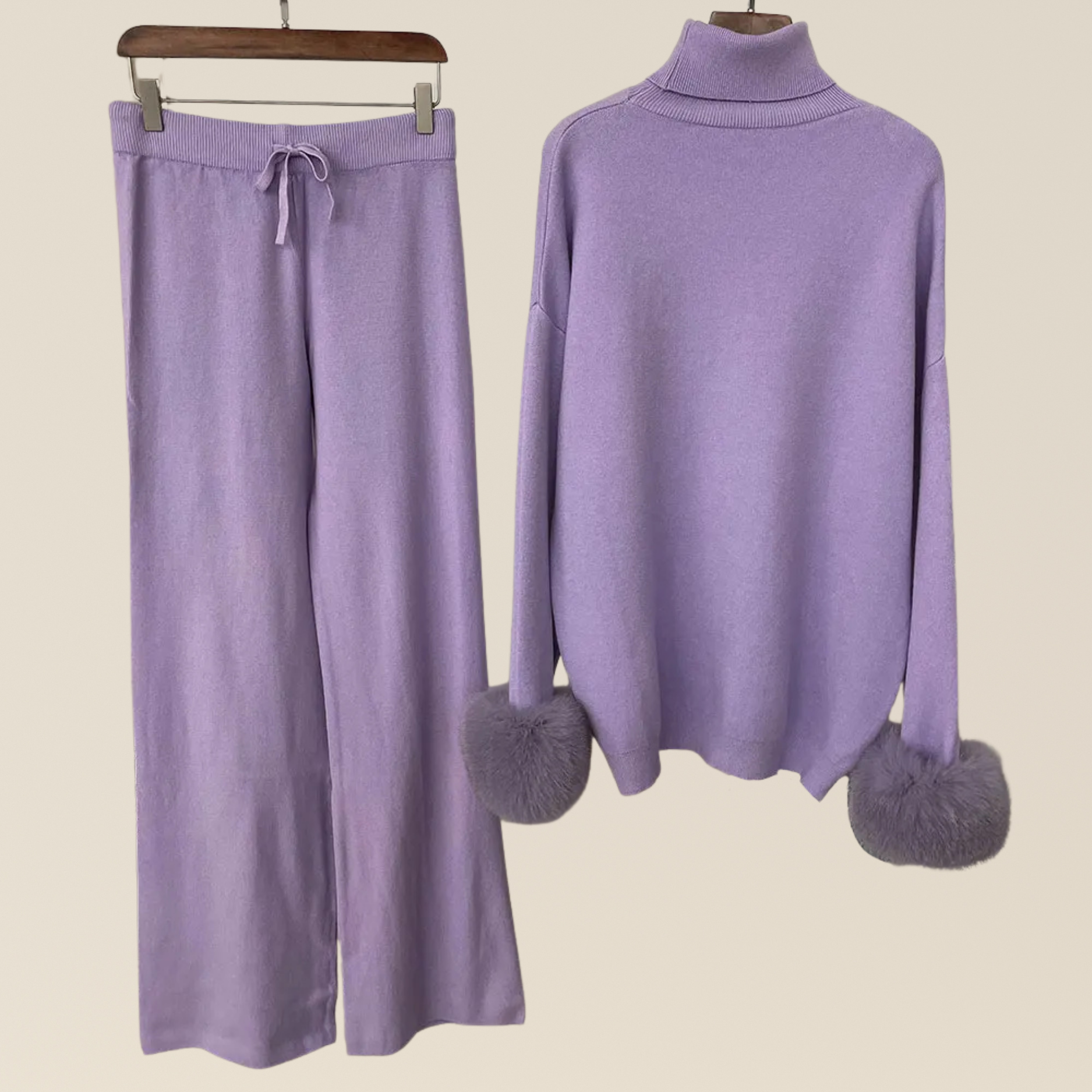 Natural Fox Fur Cuff Sweater & Pants Set