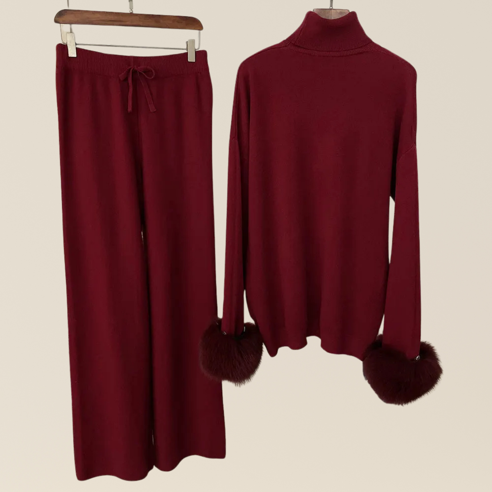 Natural Fox Fur Cuff Sweater & Pants Set