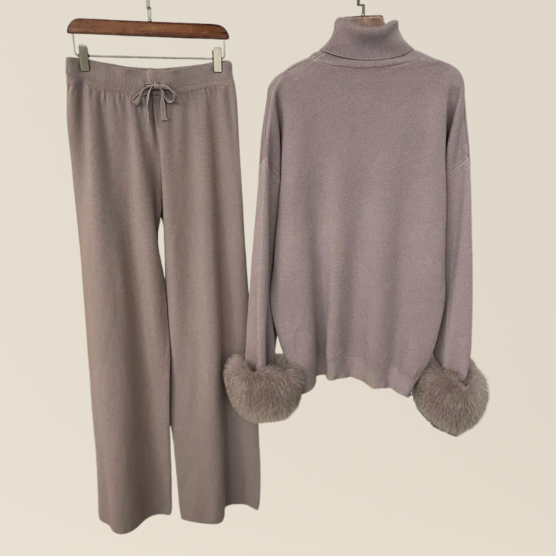 Natural Fox Fur Cuff Sweater & Pants Set