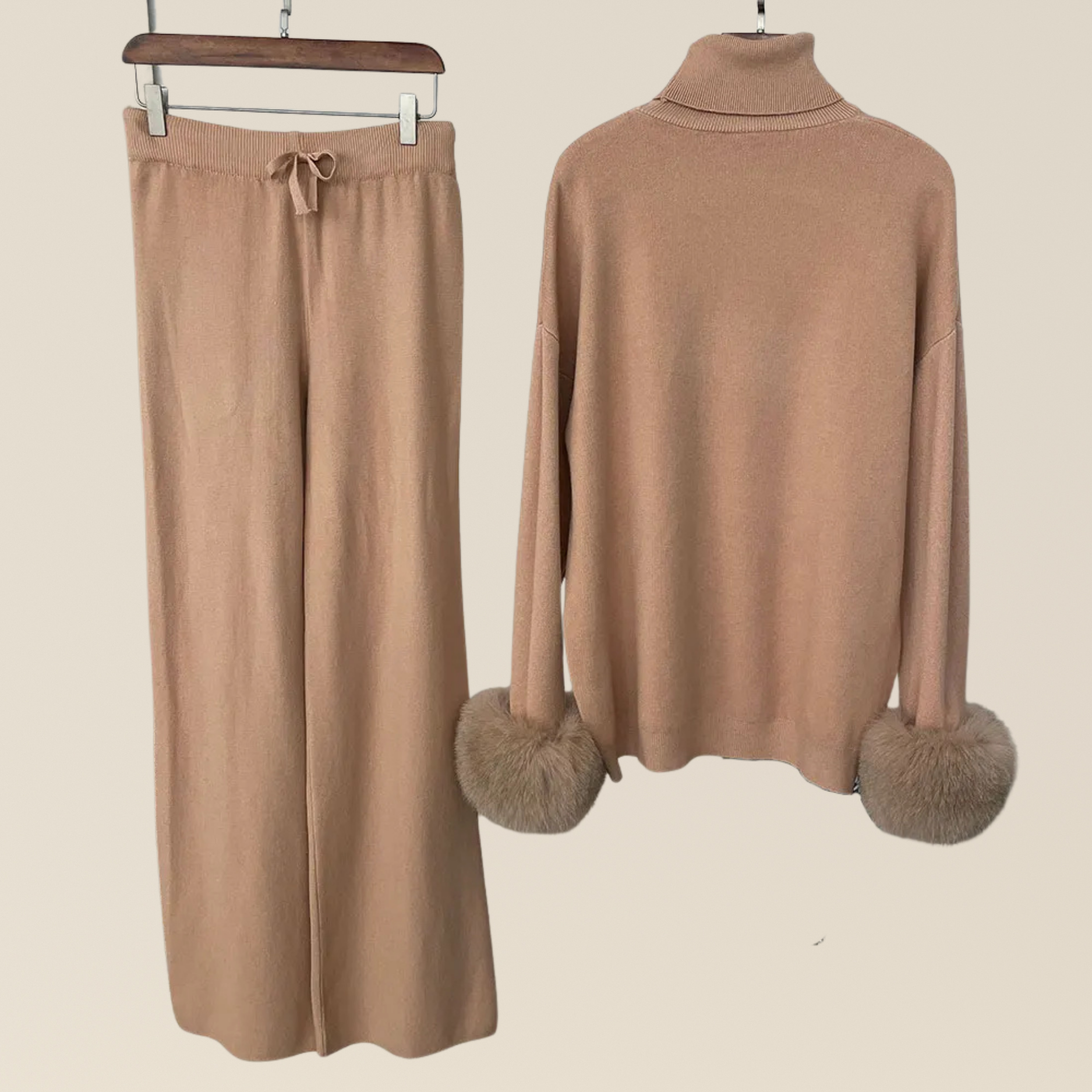 Natural Fox Fur Cuff Sweater & Pants Set