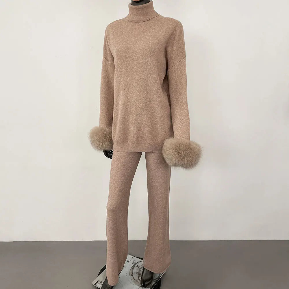 Natural Fox Fur Cuff Sweater & Pants Set