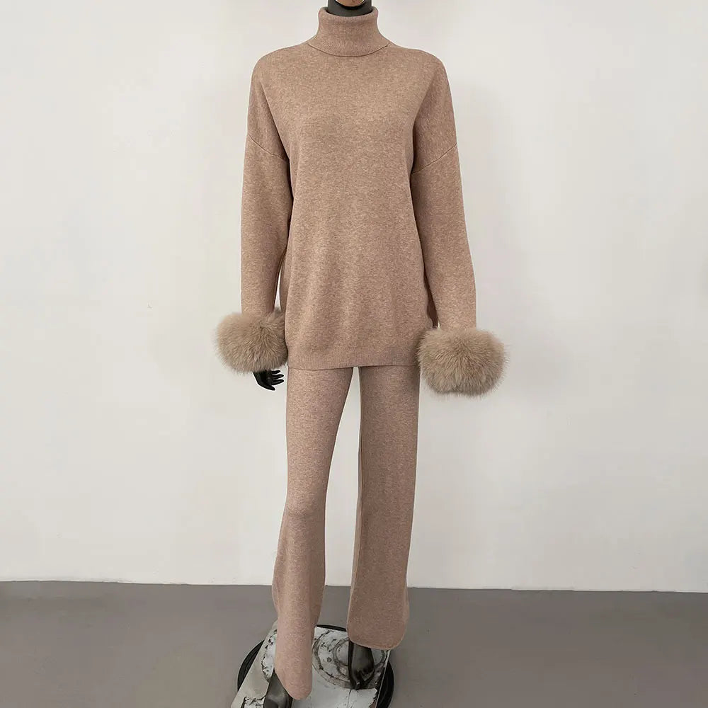 Natural Fox Fur Cuff Sweater & Pants Set