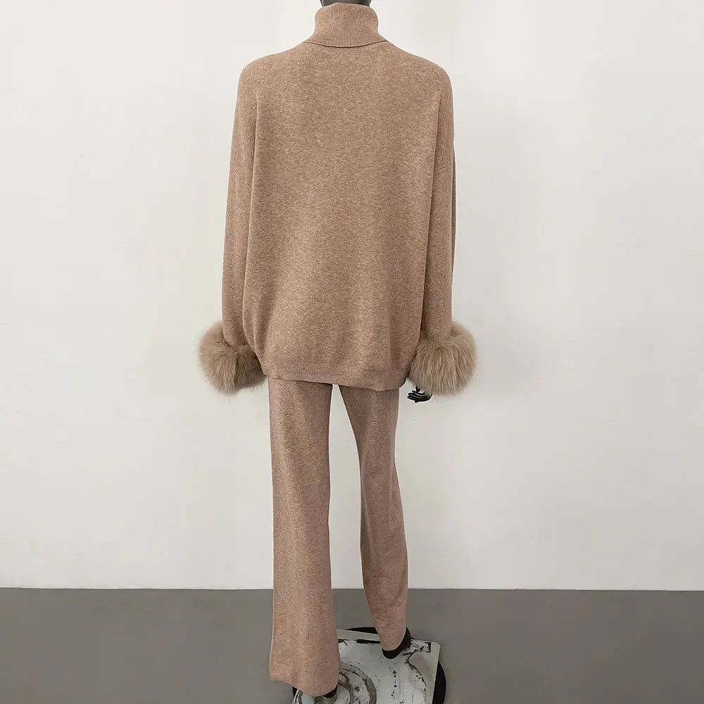Natural Fox Fur Cuff Sweater & Pants Set