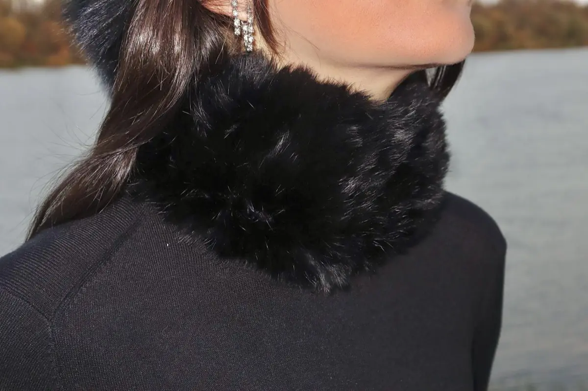 Close-up of a black real fur collar