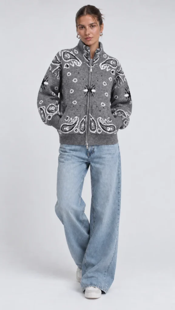 Bandana Jacquard Cardigan in Charcoal